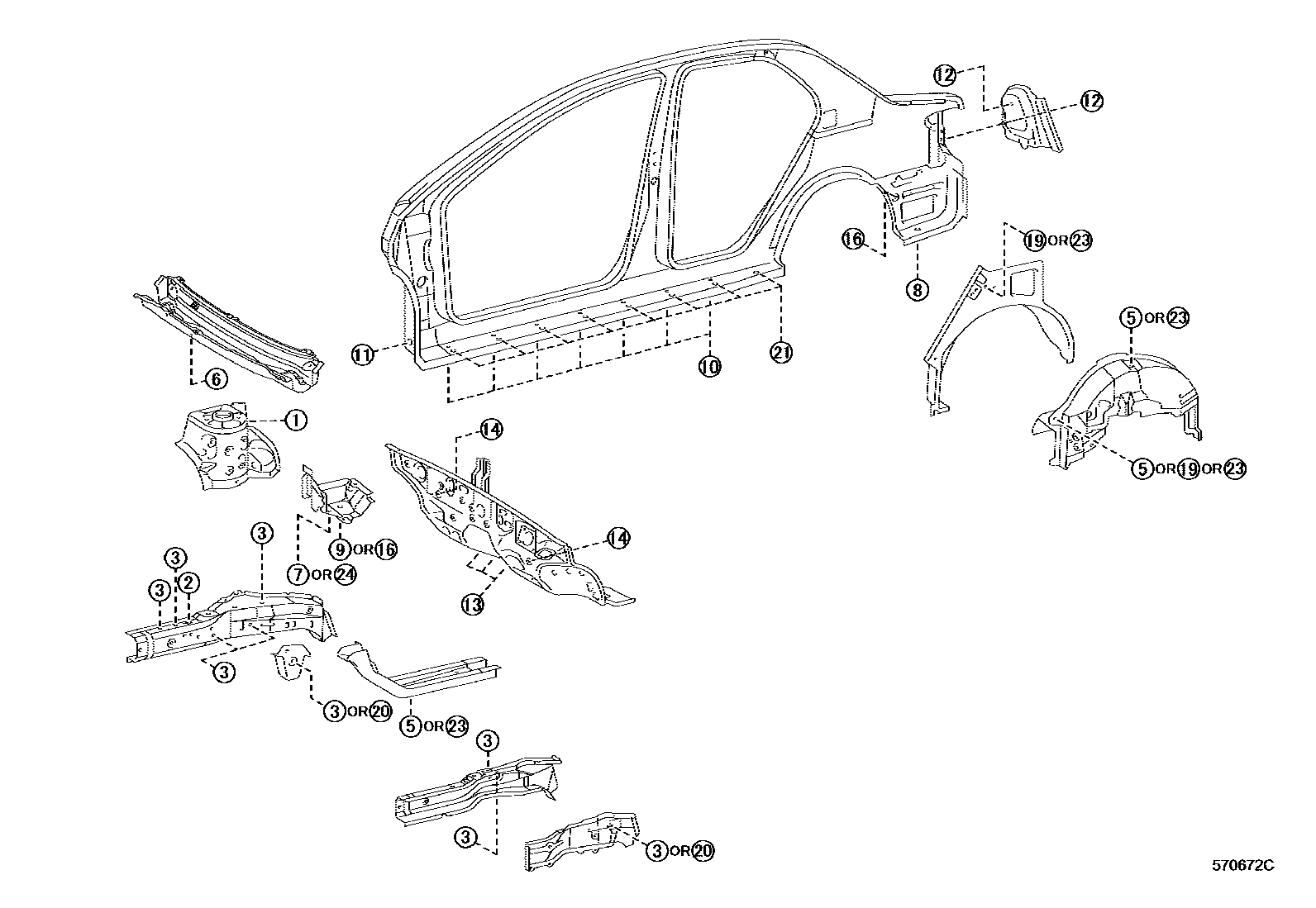 Toyota COROLLA hole plug EPC diagram — 570672C