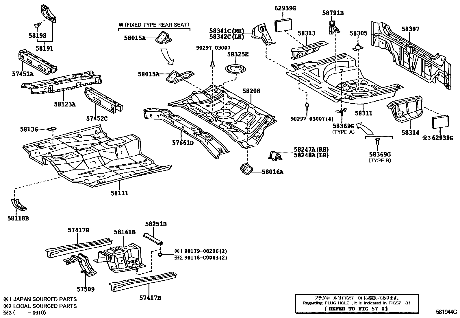 Toyota COROLLA 浅盘形地板和车身下背板 EPC diagram — 581944C
