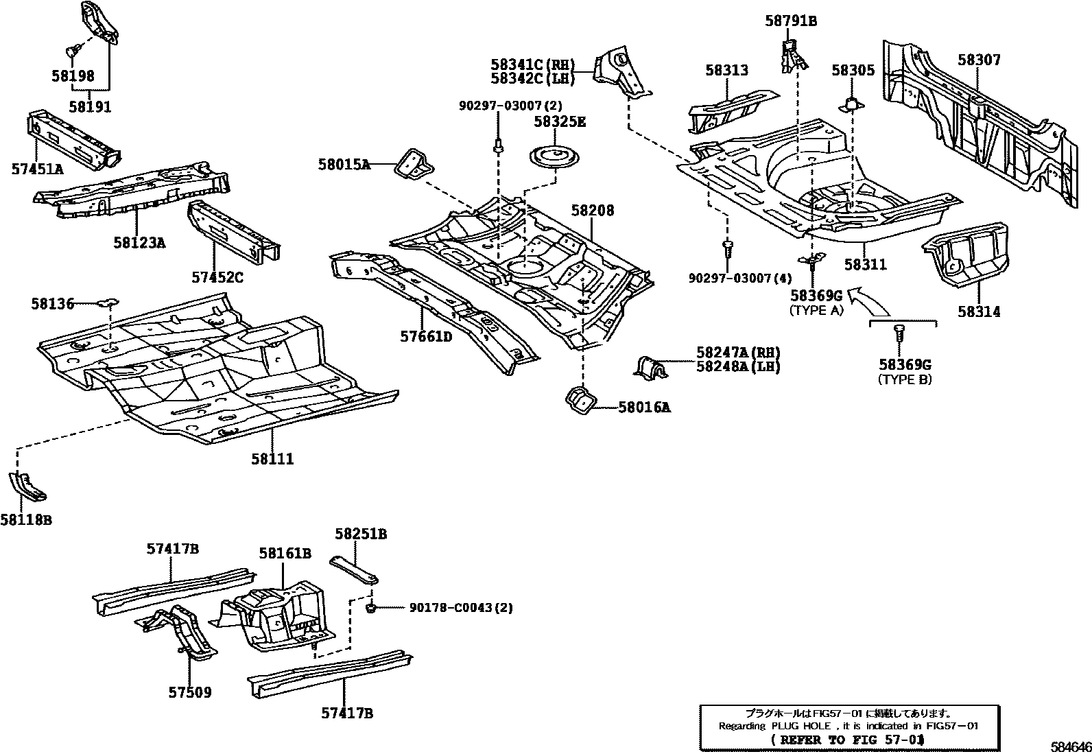 Toyota COROLLA 浅盘形地板和车身下背板 EPC diagram — 584646
