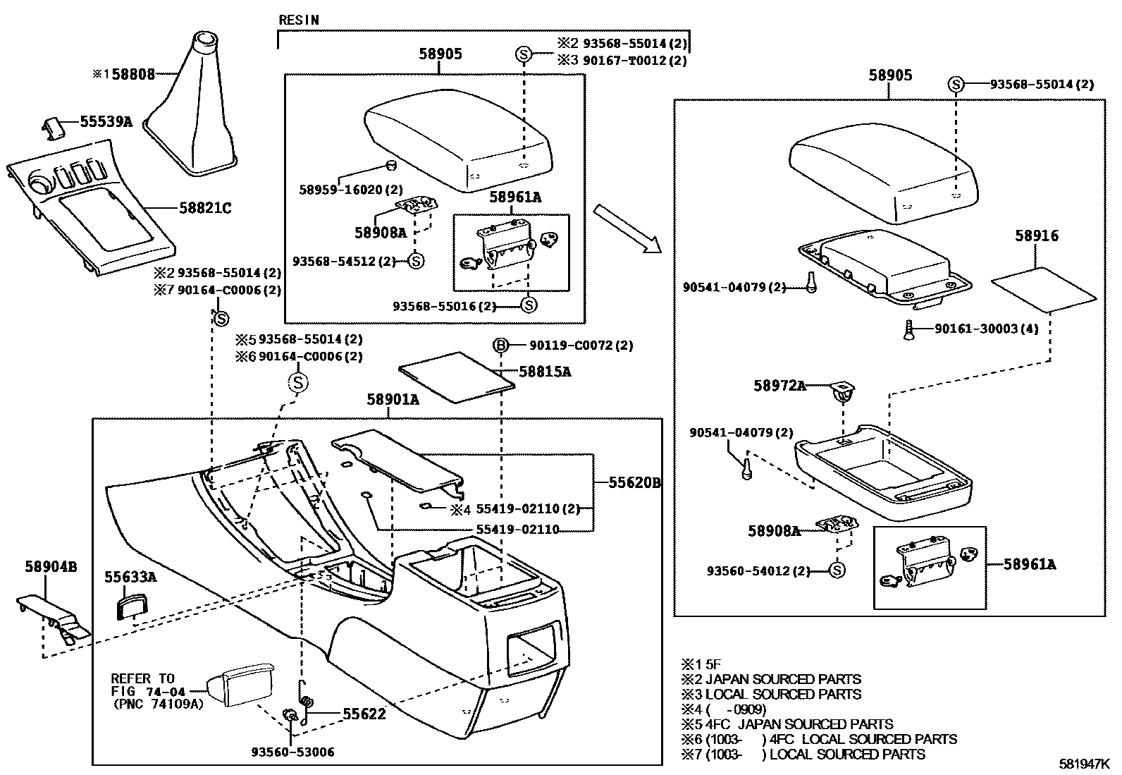 Toyota COROLLA 中央扶手箱和支架 EPC diagram — 581947K