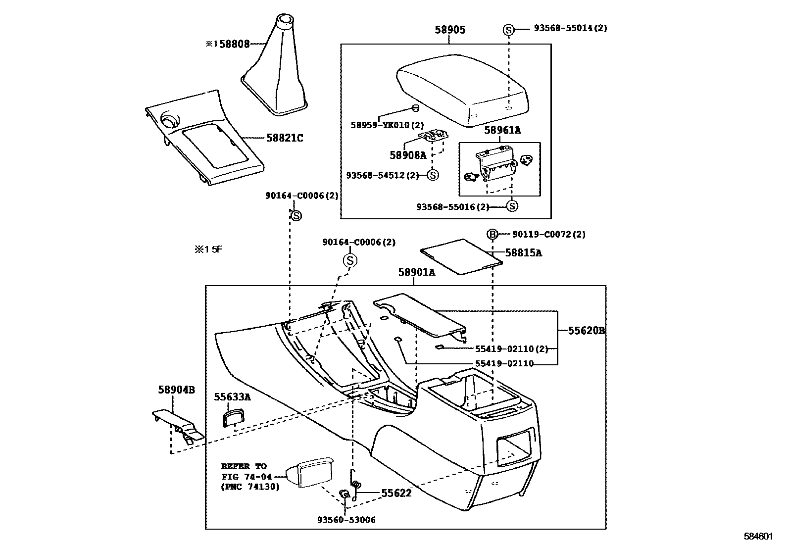 Toyota COROLLA 中央扶手箱和支架 EPC diagram — 584601