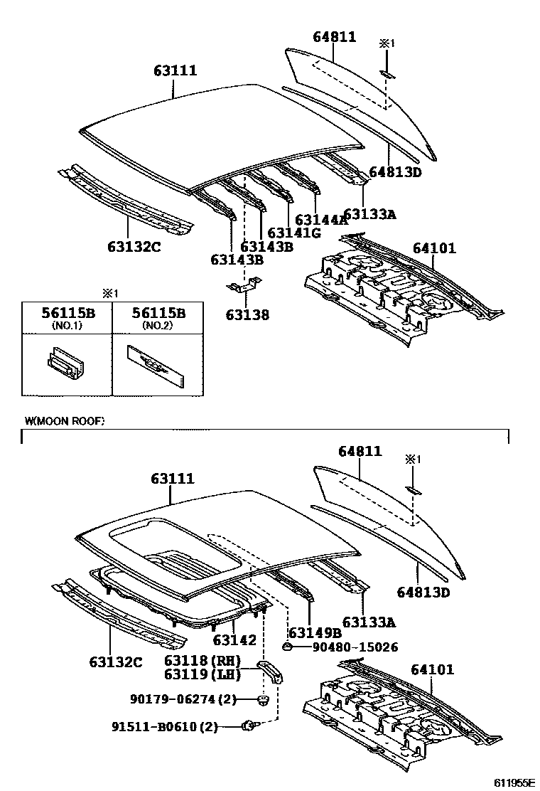 Toyota COROLLA 天窗板和背窗玻璃 EPC diagram — 611955E