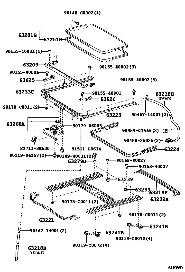 Toyota COROLLA 天窗板和背窗玻璃 EPC diagram — 611956D