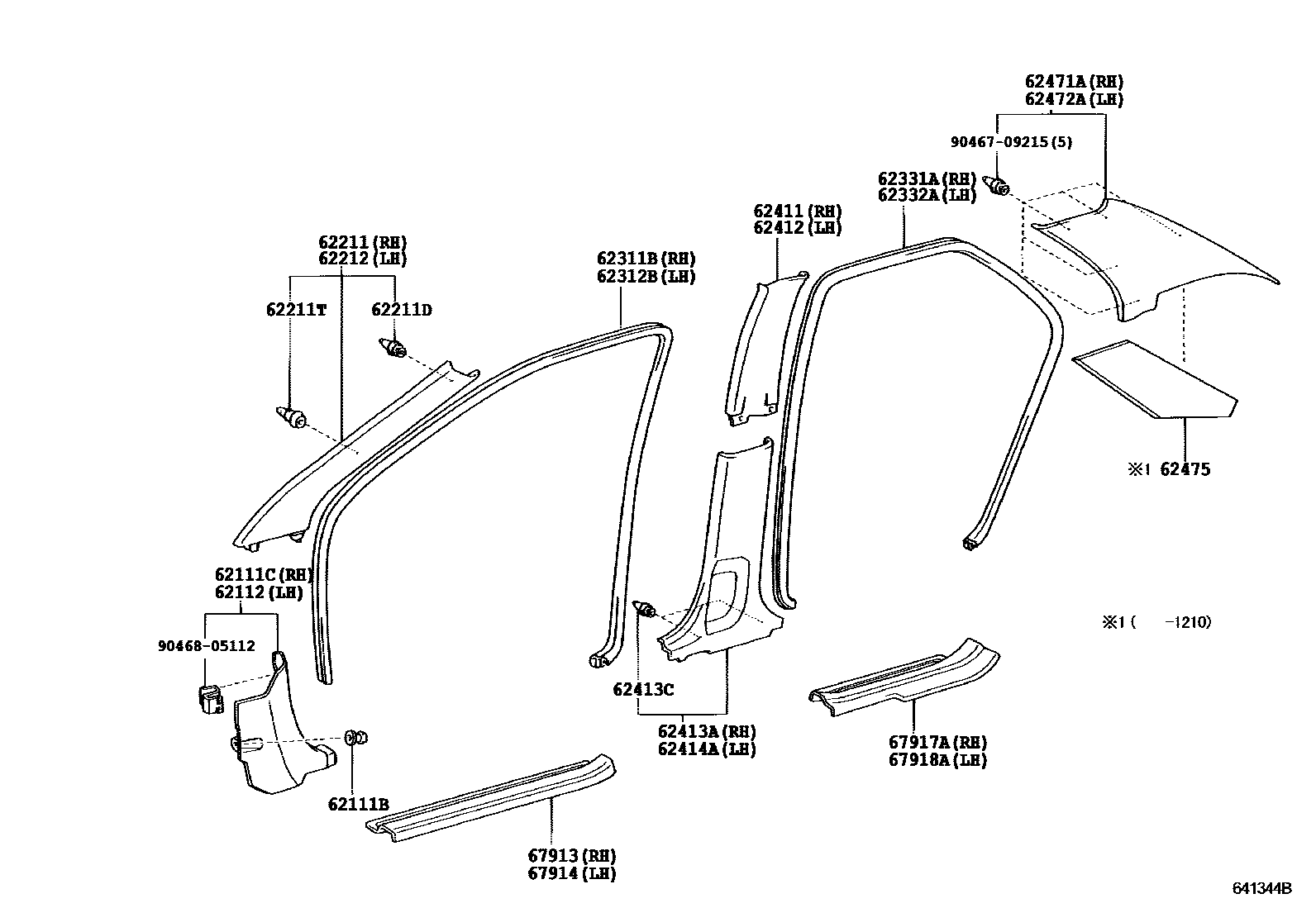 Toyota COROLLA 内饰板和车门防水胶条 EPC diagram — 641344B