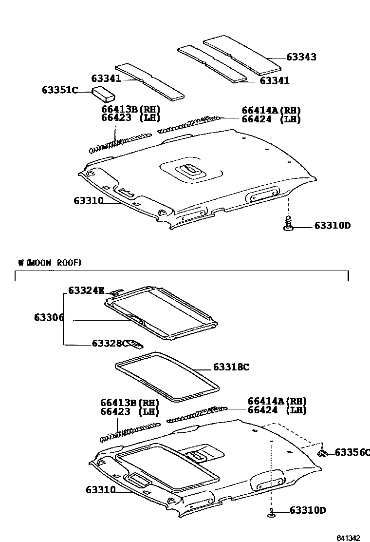 Toyota COROLLA 车顶内衬和消声垫 EPC diagram — 641342A