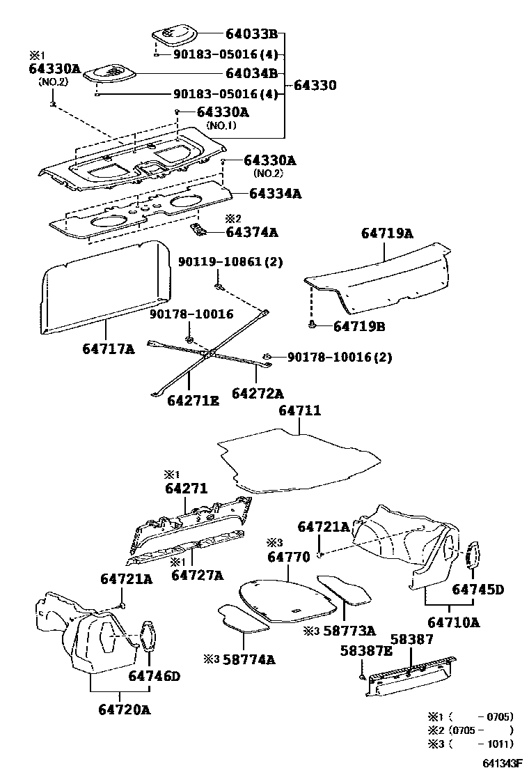 Toyota COROLLA 杂物箱板和行李箱垫 EPC diagram — 641343F