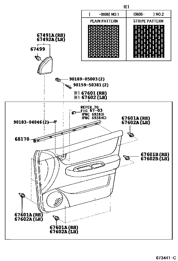 Toyota COROLLA 前门板和前门玻璃 EPC diagram — 673441C