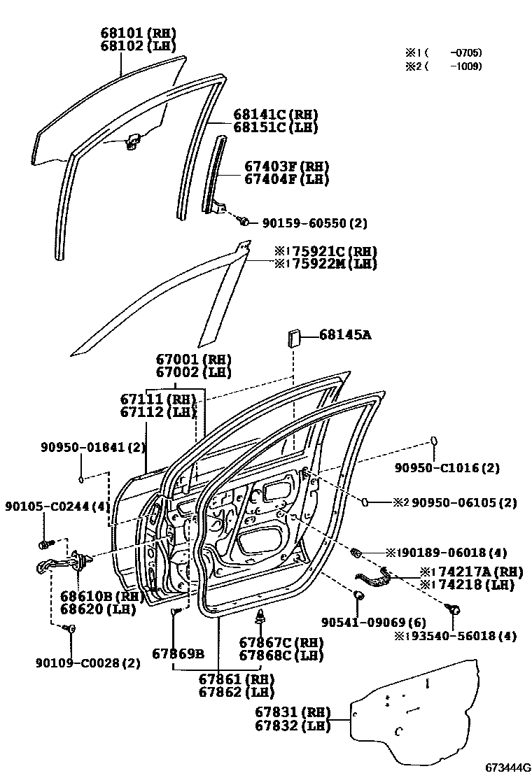 Toyota COROLLA 前门板和前门玻璃 EPC diagram — 673444G