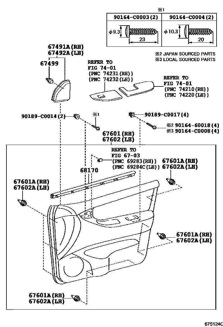 Toyota COROLLA 前门板和前门玻璃 EPC diagram — 675124C