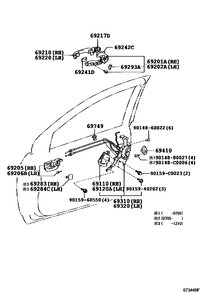 Toyota COROLLA 前门锁和车门把手 EPC diagram — 673449F