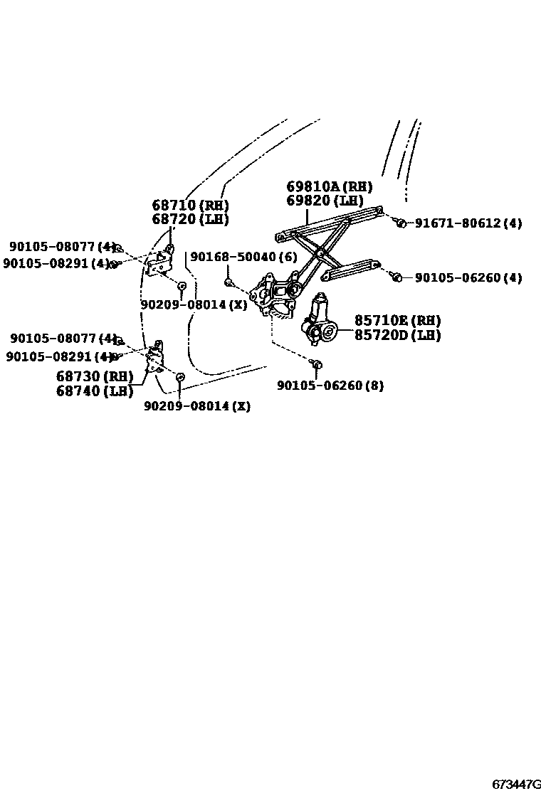 Toyota COROLLA 前门车窗升降器和合页 EPC diagram — 673447G
