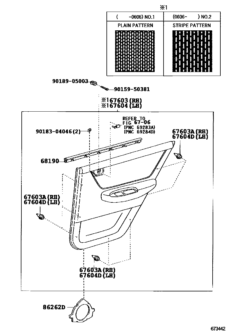 Toyota COROLLA 后门板和后门玻璃 EPC diagram — 673442B