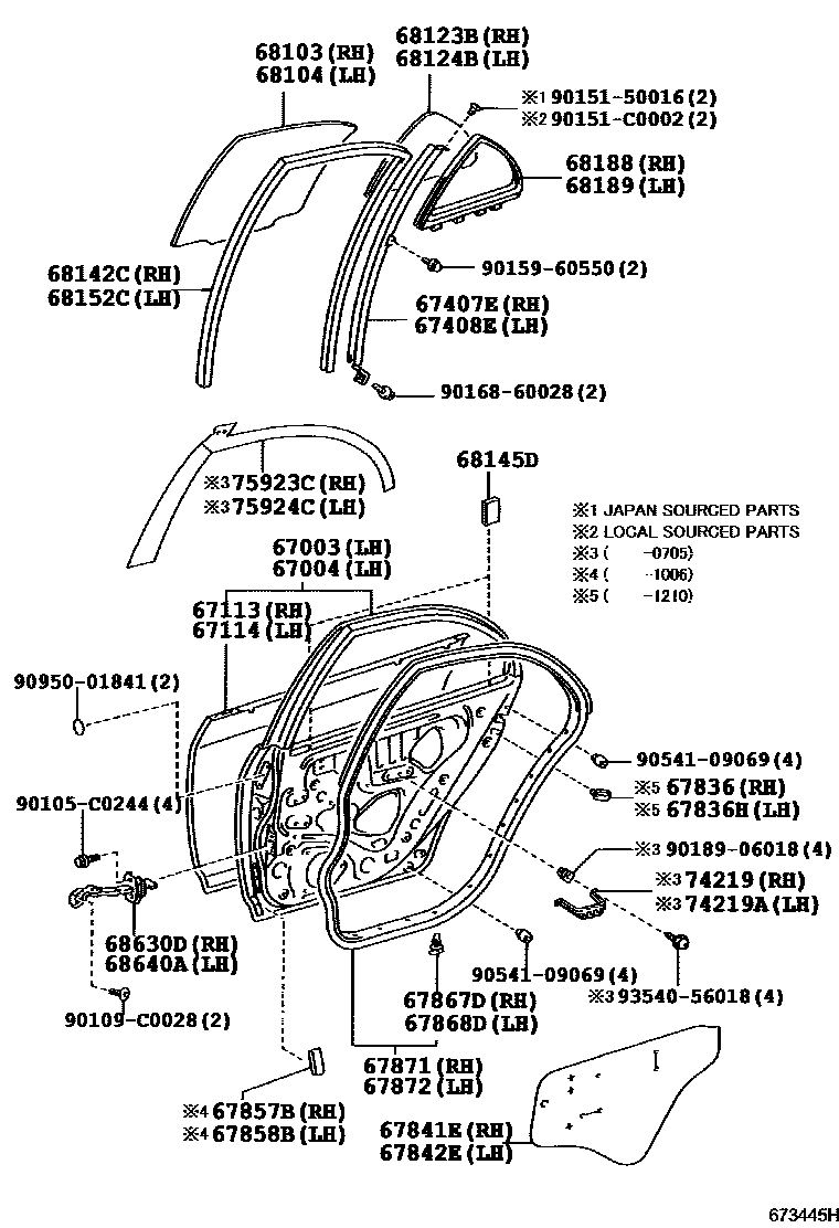 Toyota COROLLA 后门板和后门玻璃 EPC diagram — 673445H