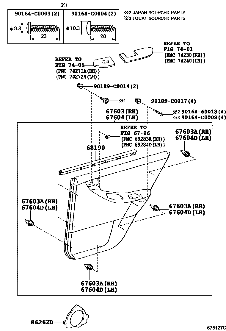 Toyota COROLLA 后门板和后门玻璃 EPC diagram — 675127C
