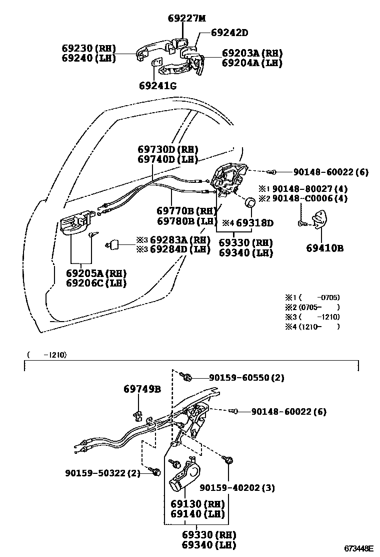Toyota COROLLA 后门锁和后门把手 EPC diagram — 673448F