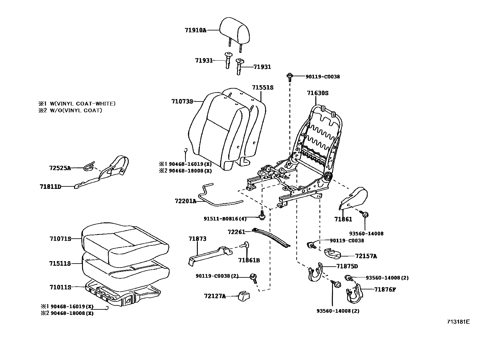 Toyota COROLLA 前排座椅和座椅滑轨 EPC diagram — 713181E