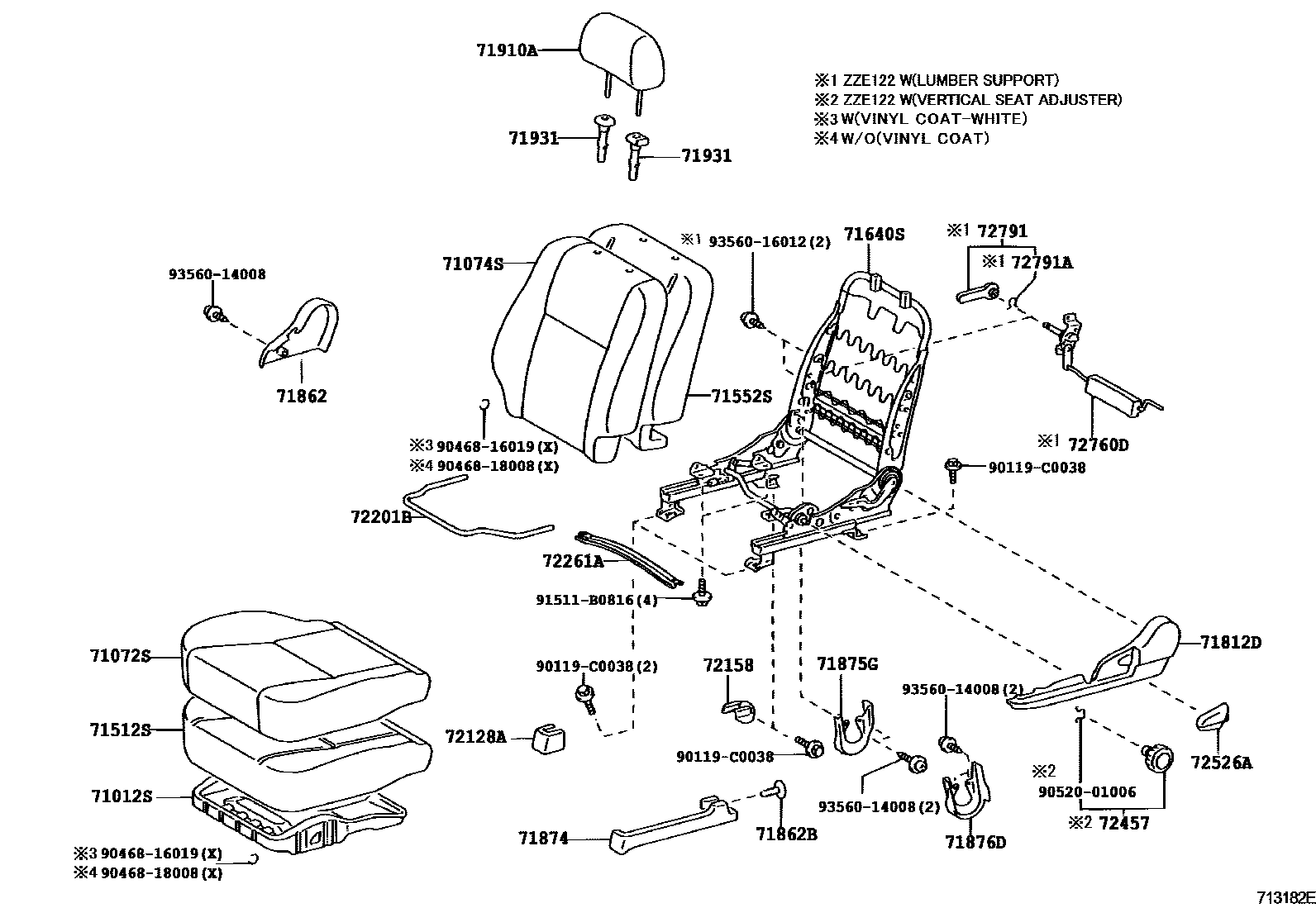 Toyota COROLLA 前排座椅和座椅滑轨 EPC diagram — 713182E