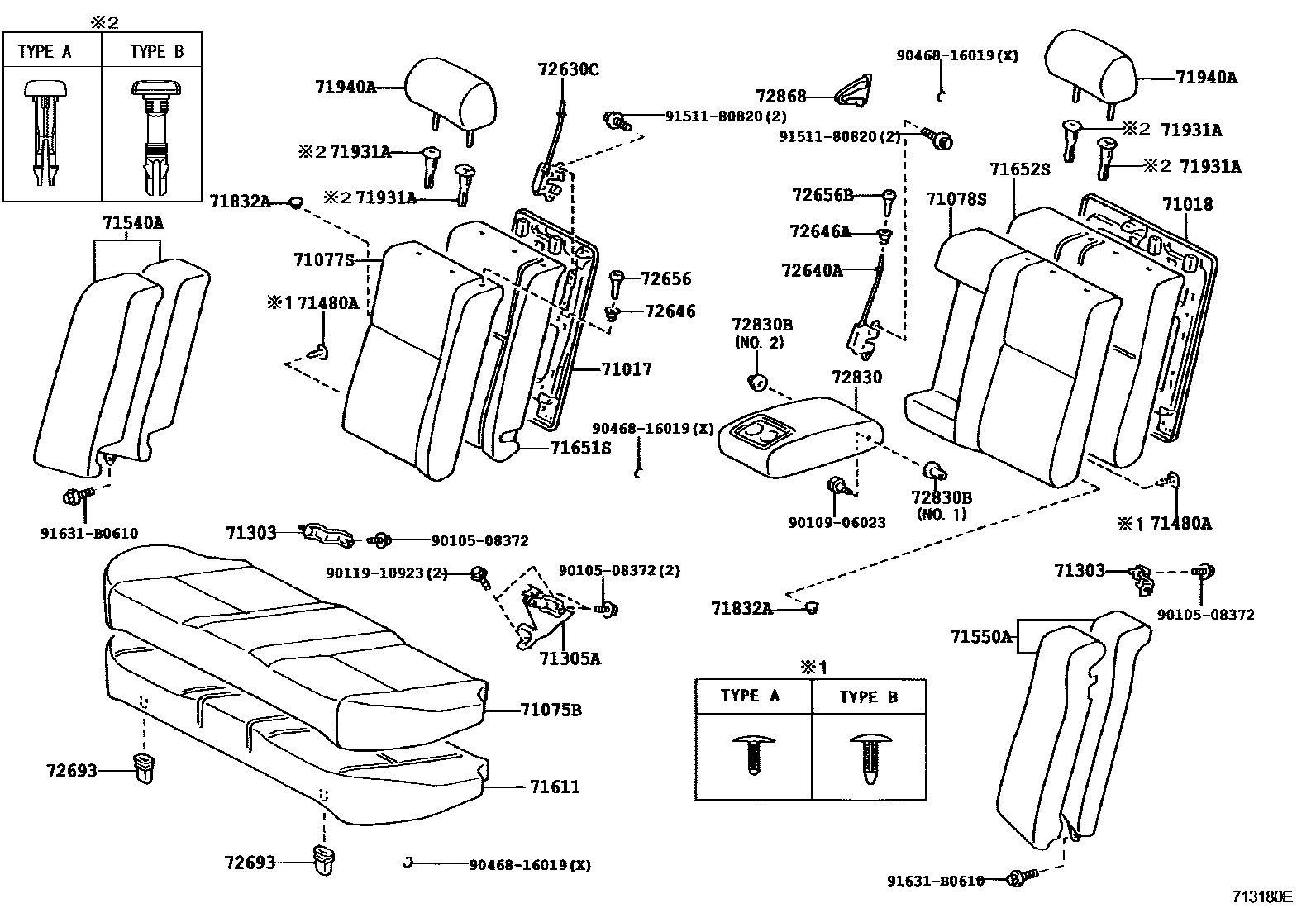 Toyota COROLLA 后排座椅和座椅滑轨 EPC diagram — 713180E