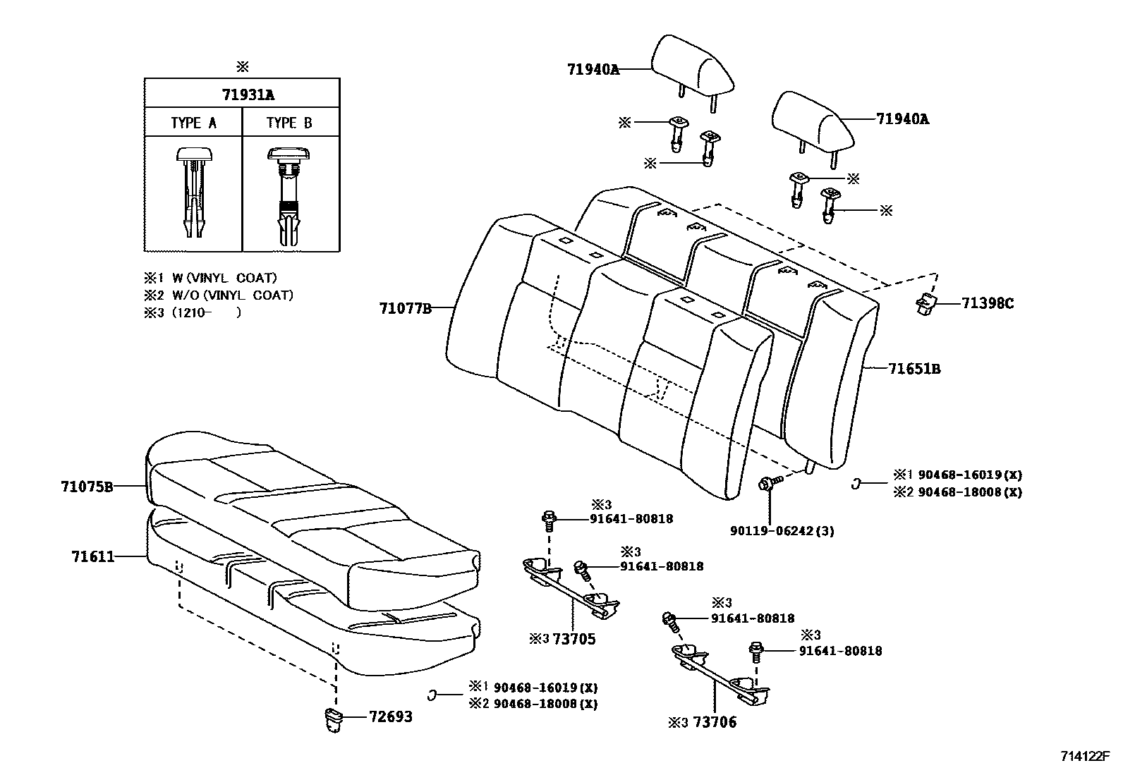 Toyota COROLLA 后排座椅和座椅滑轨 EPC diagram — 714122F