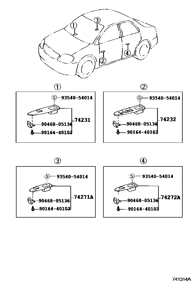 Toyota COROLLA 扶手和遮阳板 EPC diagram — 741314A