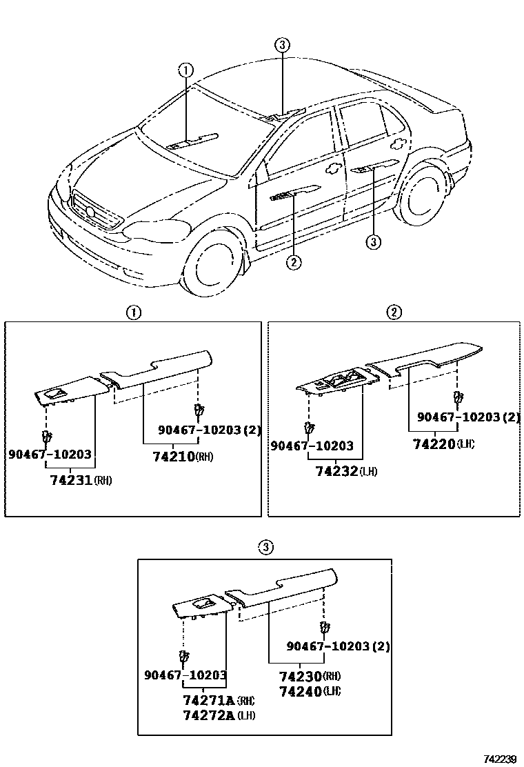 Toyota COROLLA 扶手和遮阳板 EPC diagram — 742239