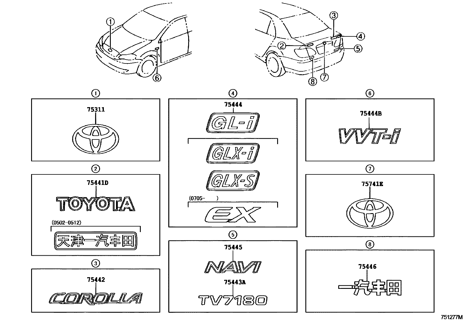 Toyota COROLLA 丰田徽标和铭牌(车外和车内) EPC diagram — 751277M