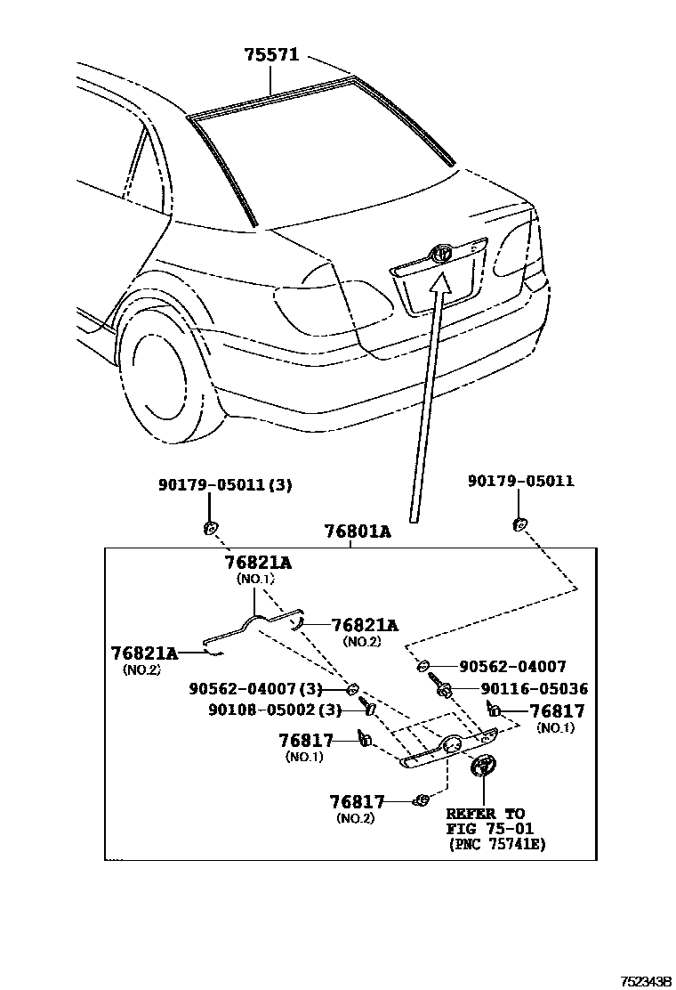 Toyota COROLLA 后防护条 EPC diagram — 752343B