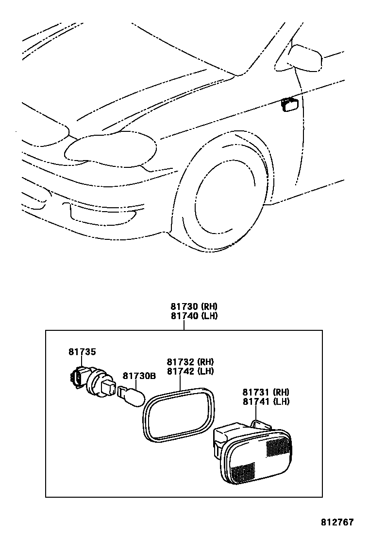 Toyota COROLLA Side Turn Signal & Outer Mirror Lamp EPC diagram — 812767