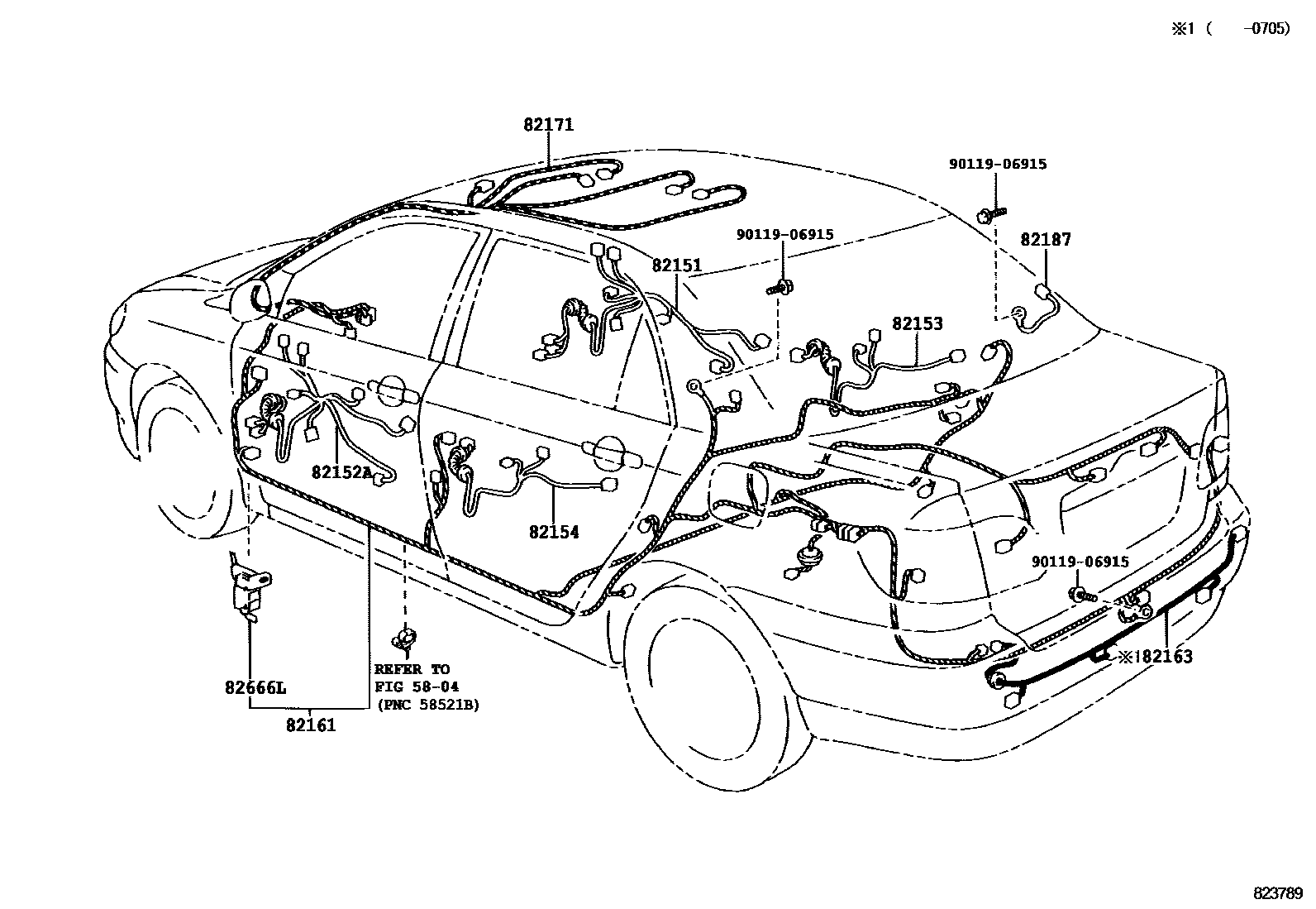 Toyota COROLLA 线束和卡夹 EPC diagram — 823789B