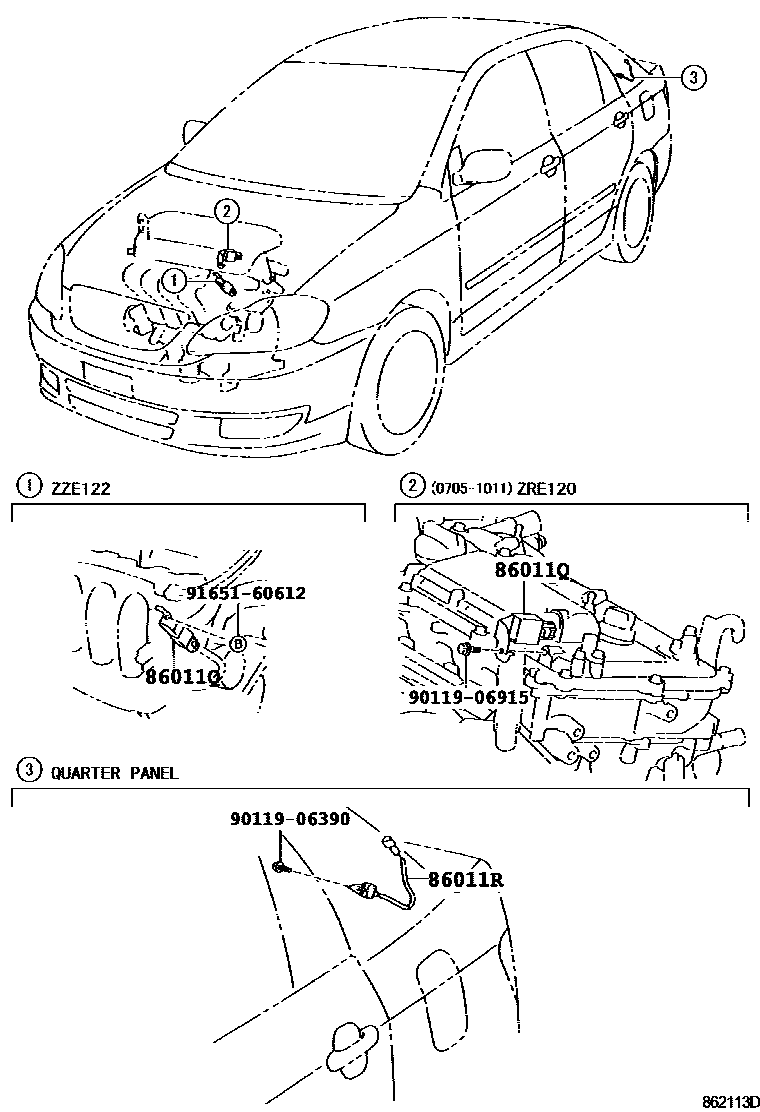 Toyota COROLLA 收音机、放大器和冷凝器 EPC diagram — 862113D