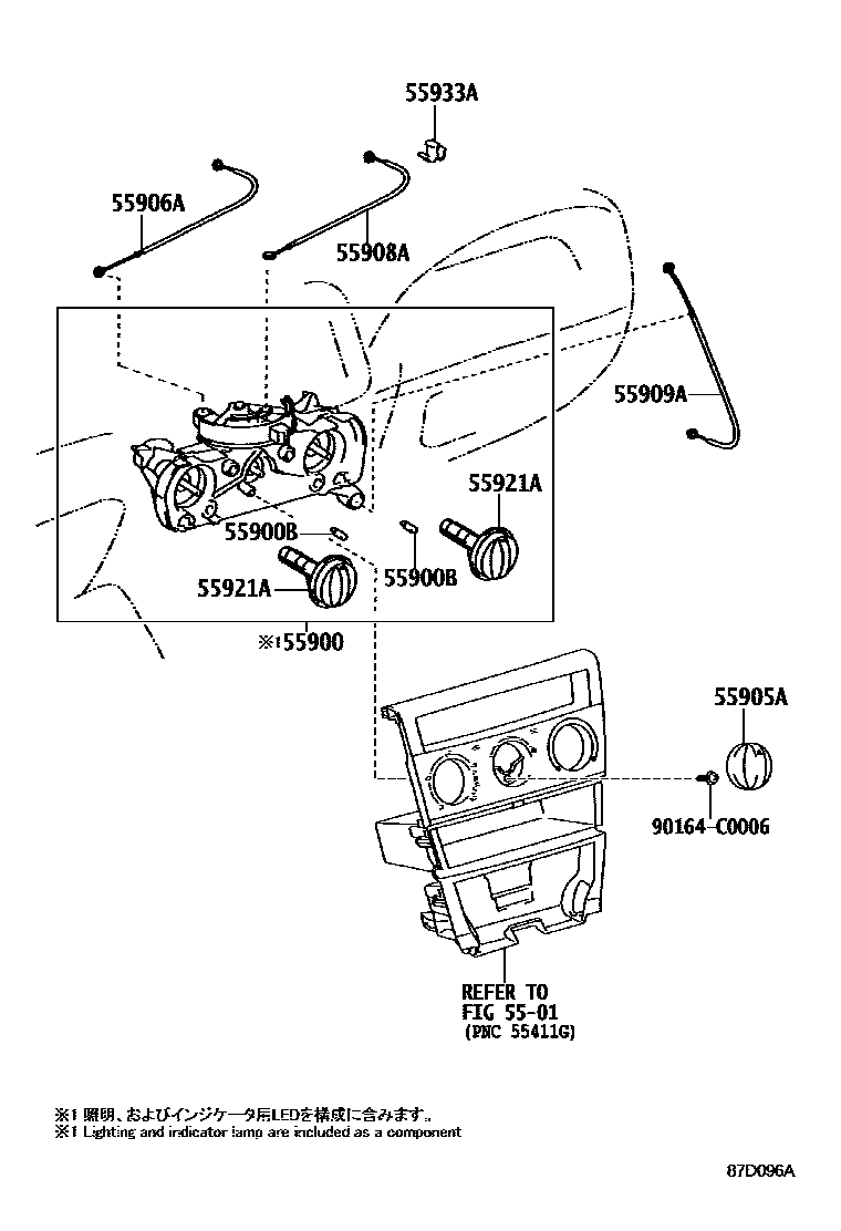 Toyota COROLLA 暖风和空调系统 - 控制器和风管 EPC diagram — 87D096A