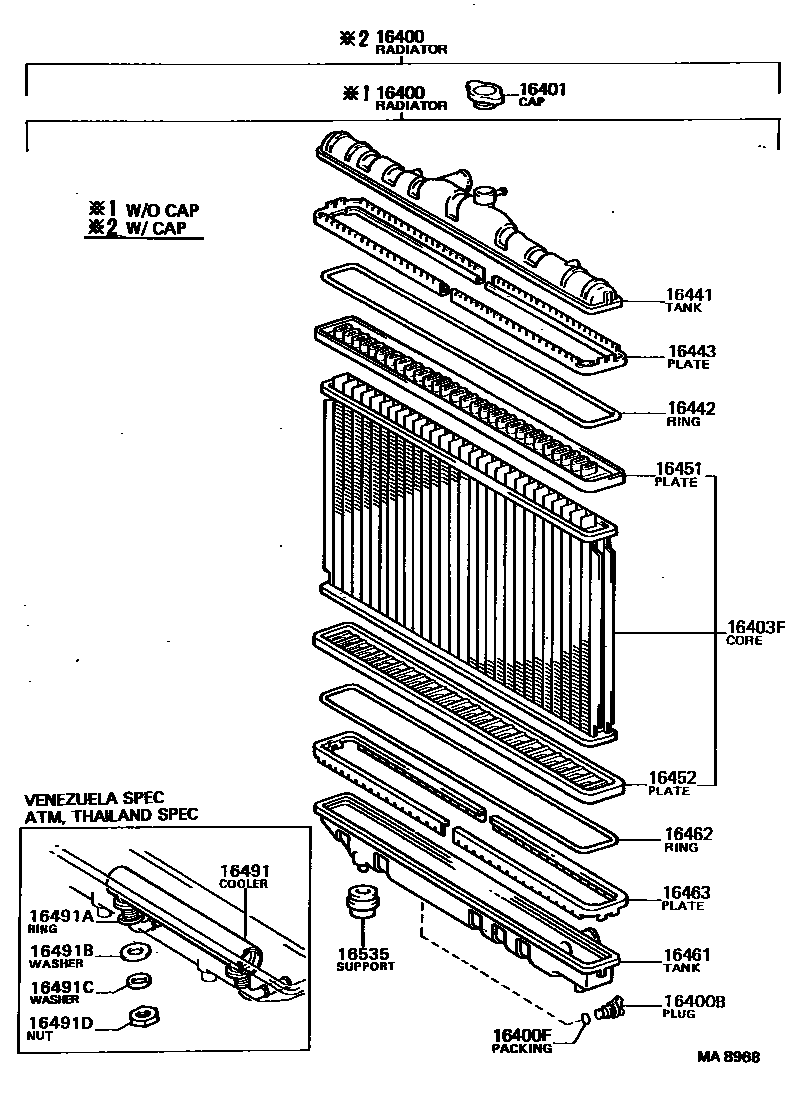 Toyota COROLLA RADIATOR & WATER OUTLET EPC diagram — MA8968