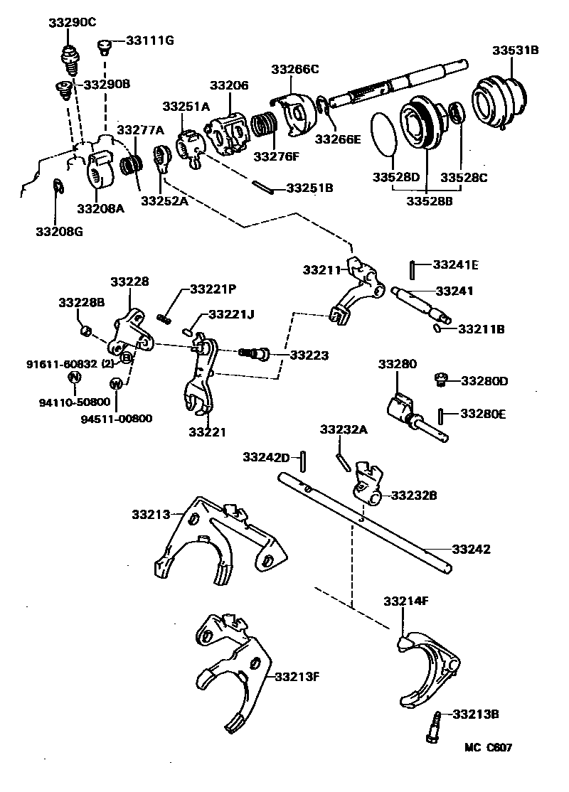 Toyota COROLLA 换档拨叉和换档杆轴(MTM) EPC diagram — MCC607
