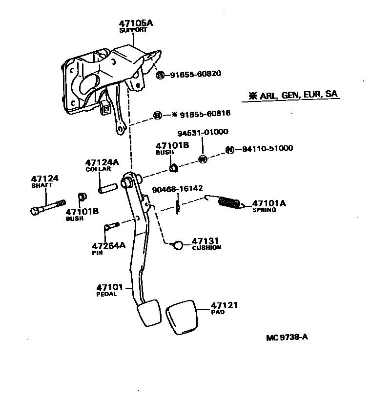 Toyota COROLLA Brake Pedal & Bracket EPC diagram — MC9738A
