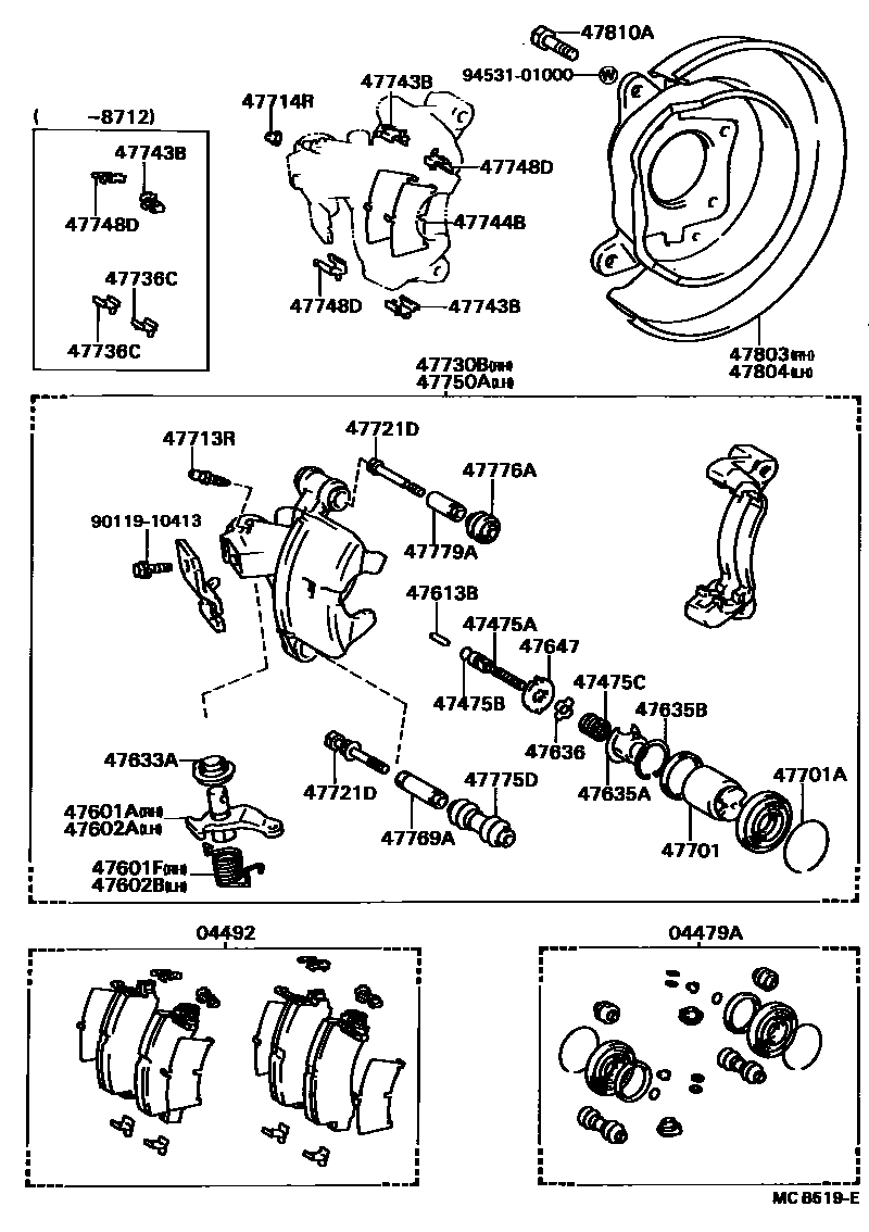 Toyota COROLLA 后盘式制动器卡钳和防尘罩 EPC diagram — MCB519E