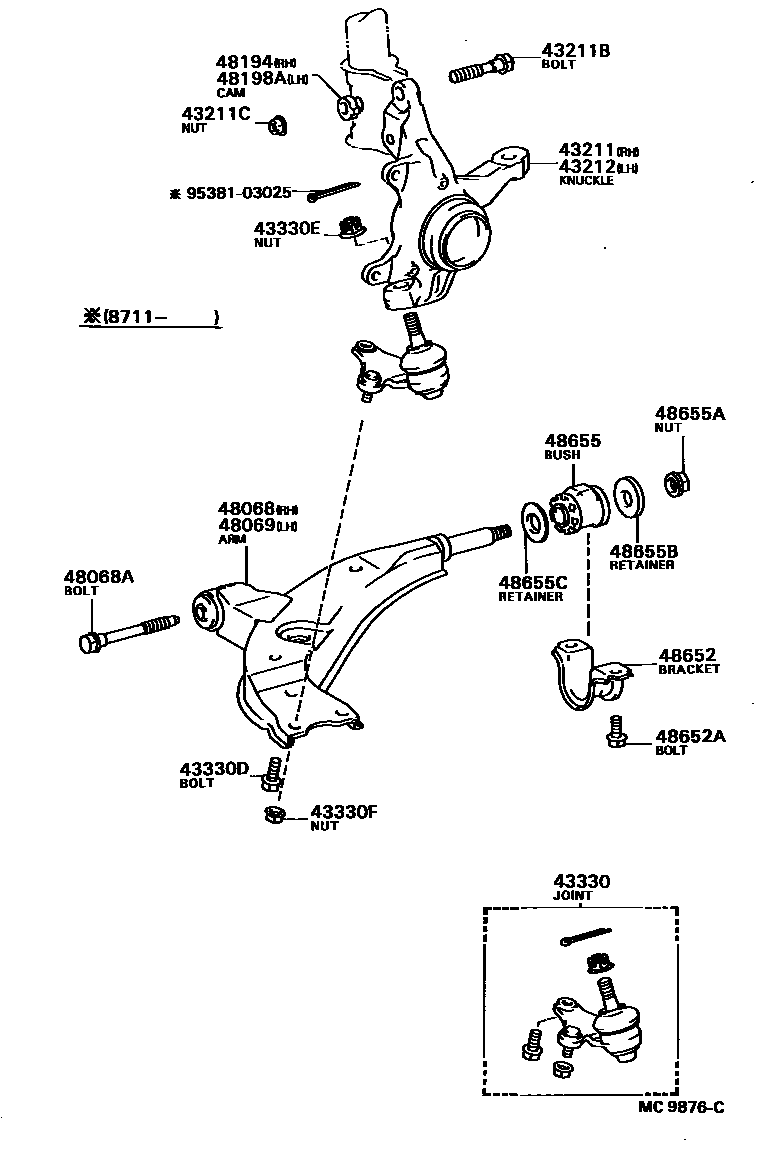Toyota COROLLA 前桥控制臂和转向节 EPC diagram — MC9876C