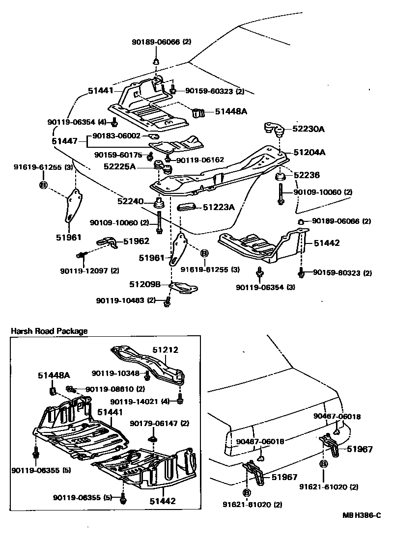 Toyota COROLLA 悬架横梁和发动机底罩 EPC diagram — MBH386C