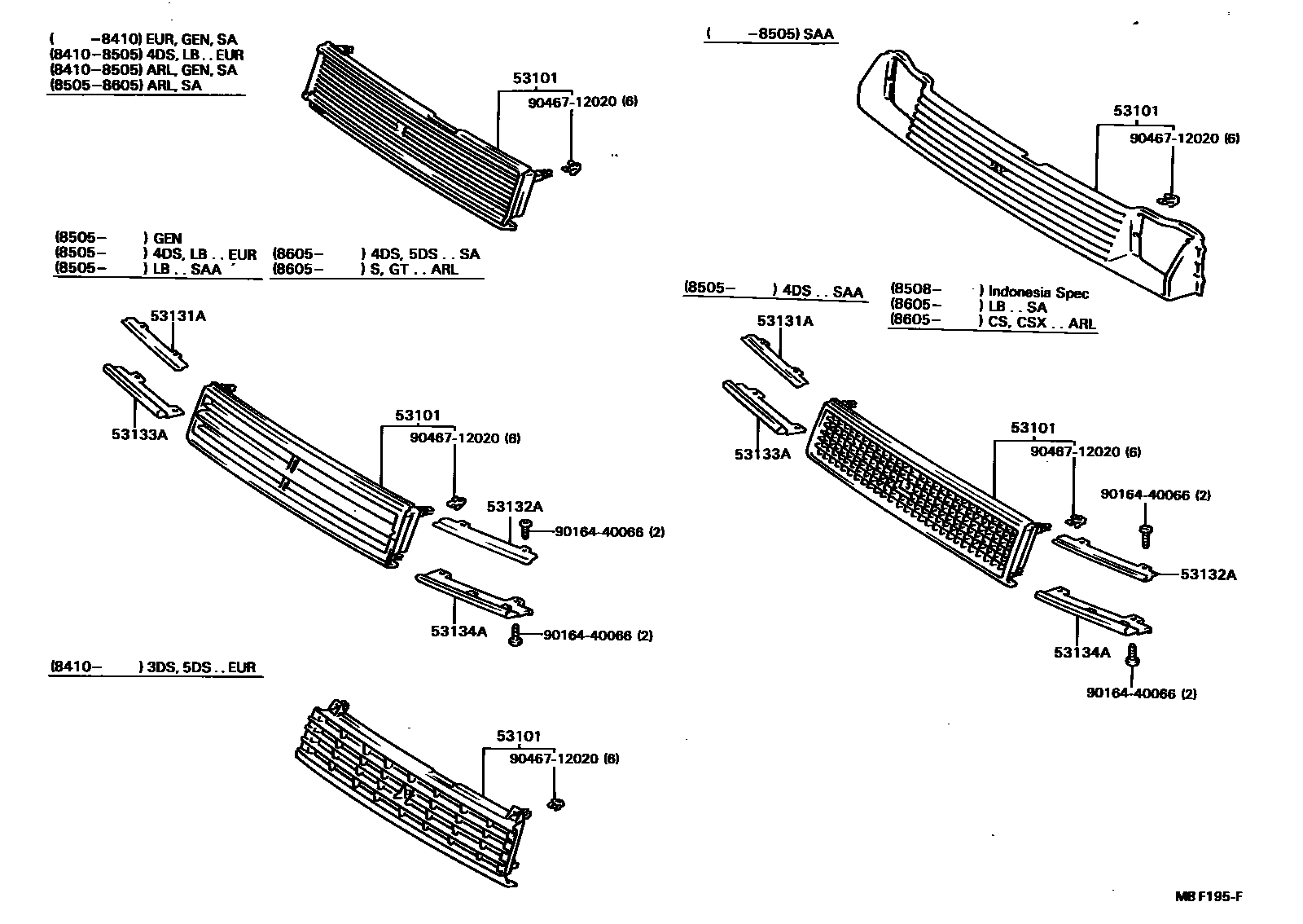 Toyota COROLLA radiator grille EPC diagram — MBF195F