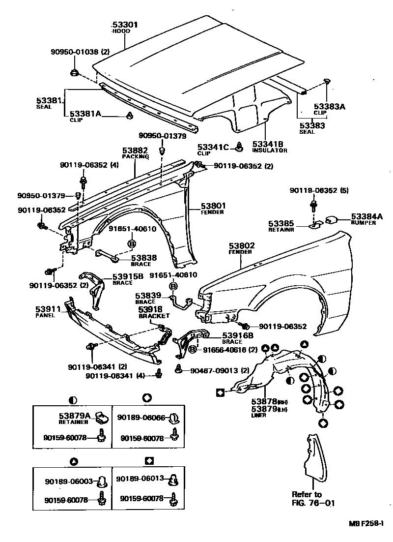 Toyota COROLLA 发动机盖和前翼子板 EPC diagram — MBF258I