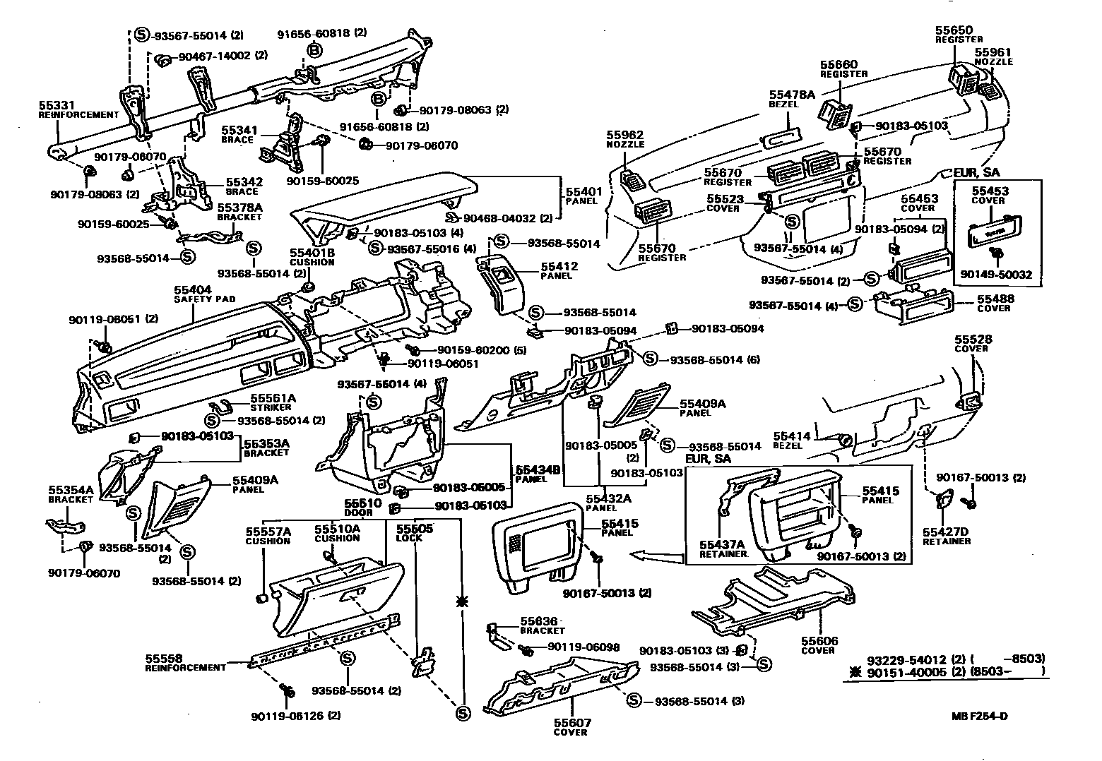 Toyota COROLLA 仪表板和手套箱 EPC diagram — MBF254D