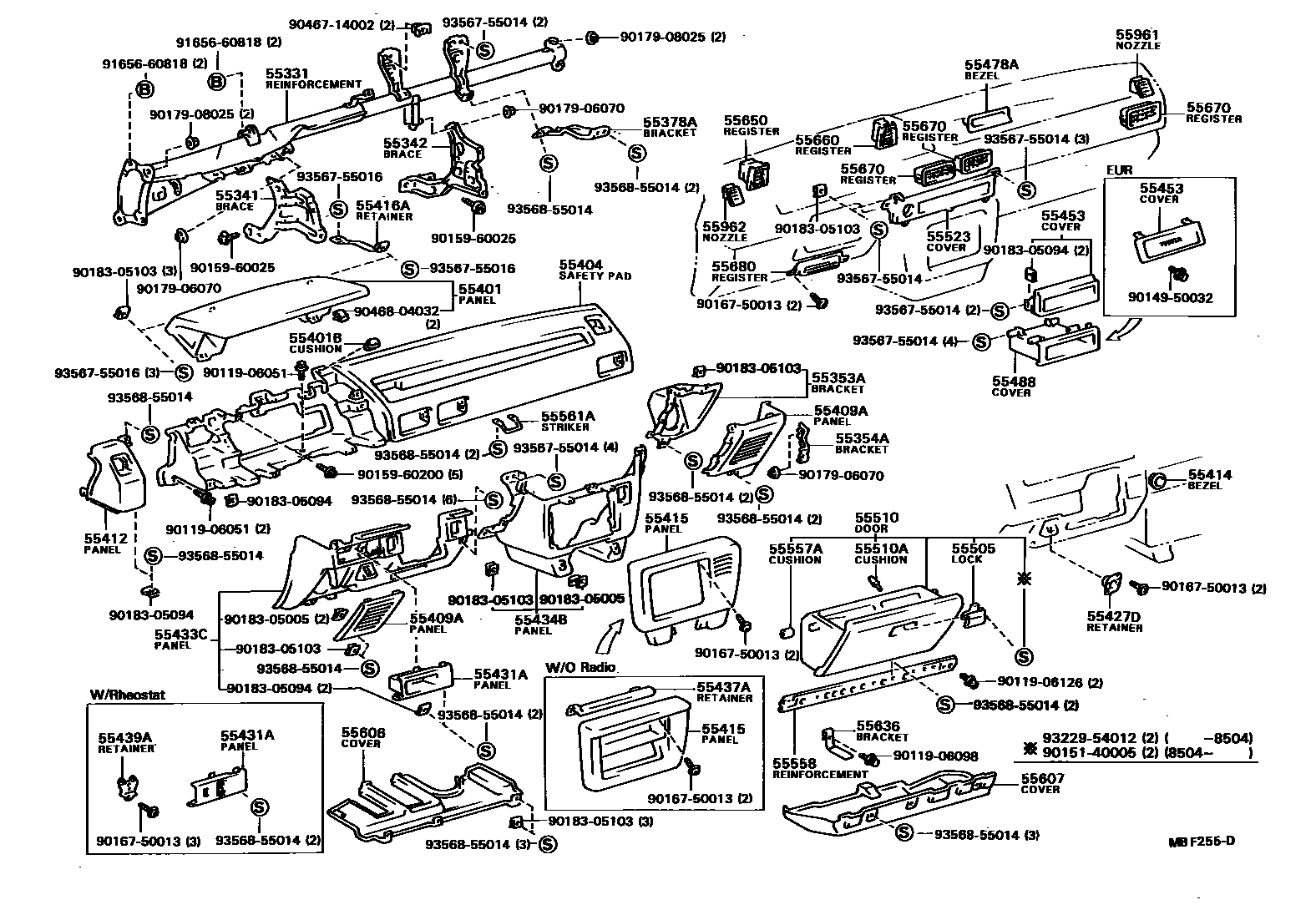 Toyota COROLLA 仪表板和手套箱 EPC diagram — MBF255D