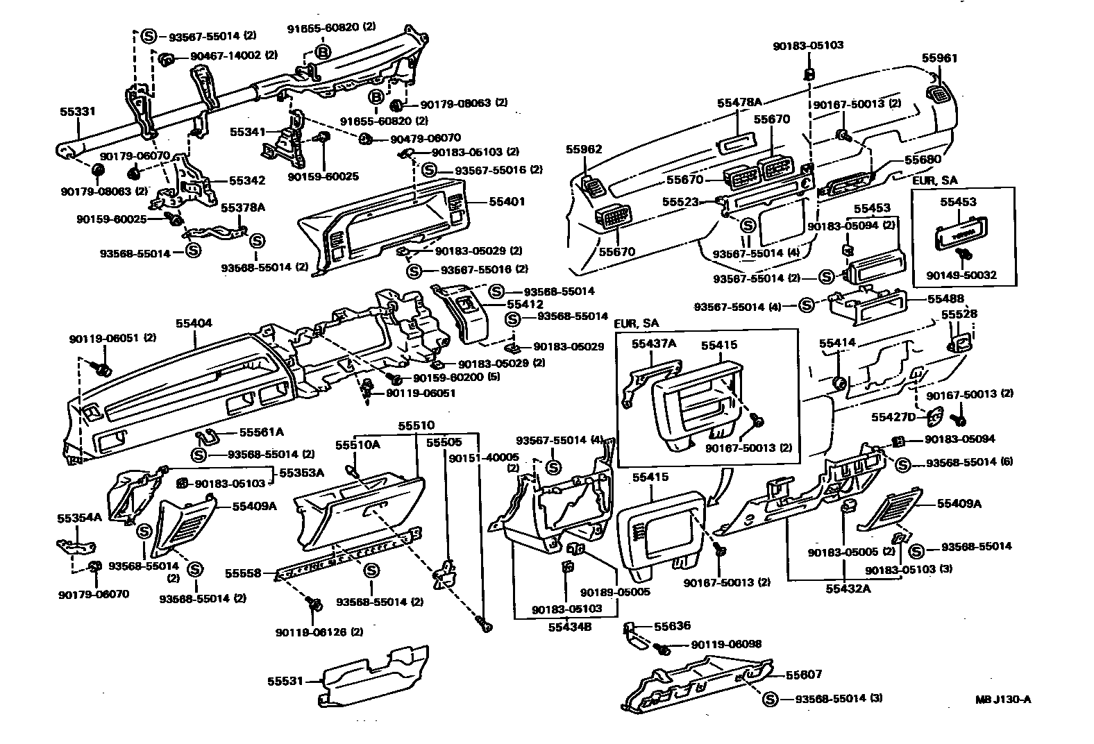 Toyota COROLLA 仪表板和手套箱 EPC diagram — MBJ130A