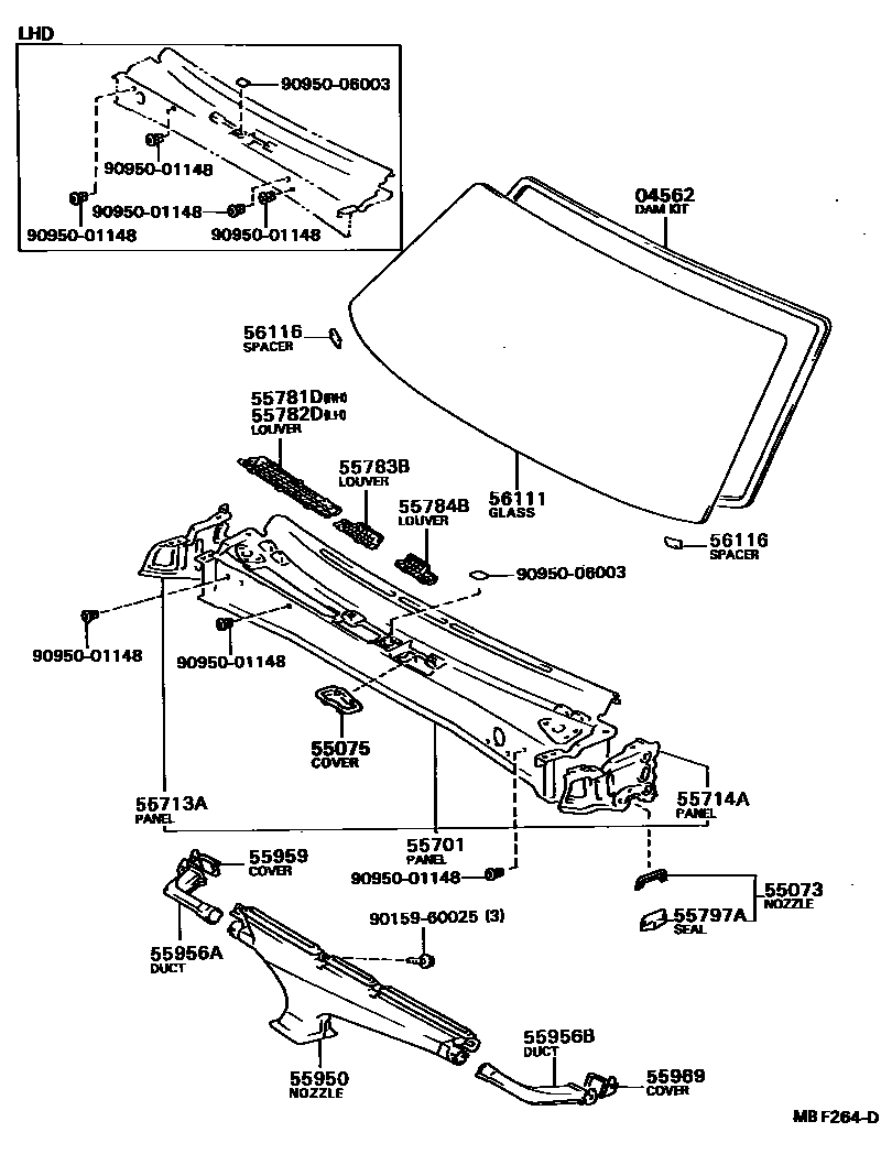 Toyota COROLLA 前围板和挡风玻璃 EPC diagram — MBF264D