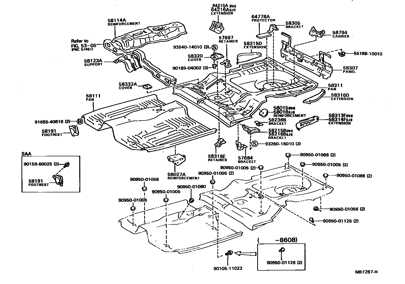 Toyota COROLLA 浅盘形地板和车身下背板 EPC diagram — MBF267H