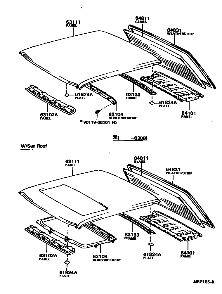 Toyota COROLLA 天窗板和背窗玻璃 EPC diagram — MBF185B