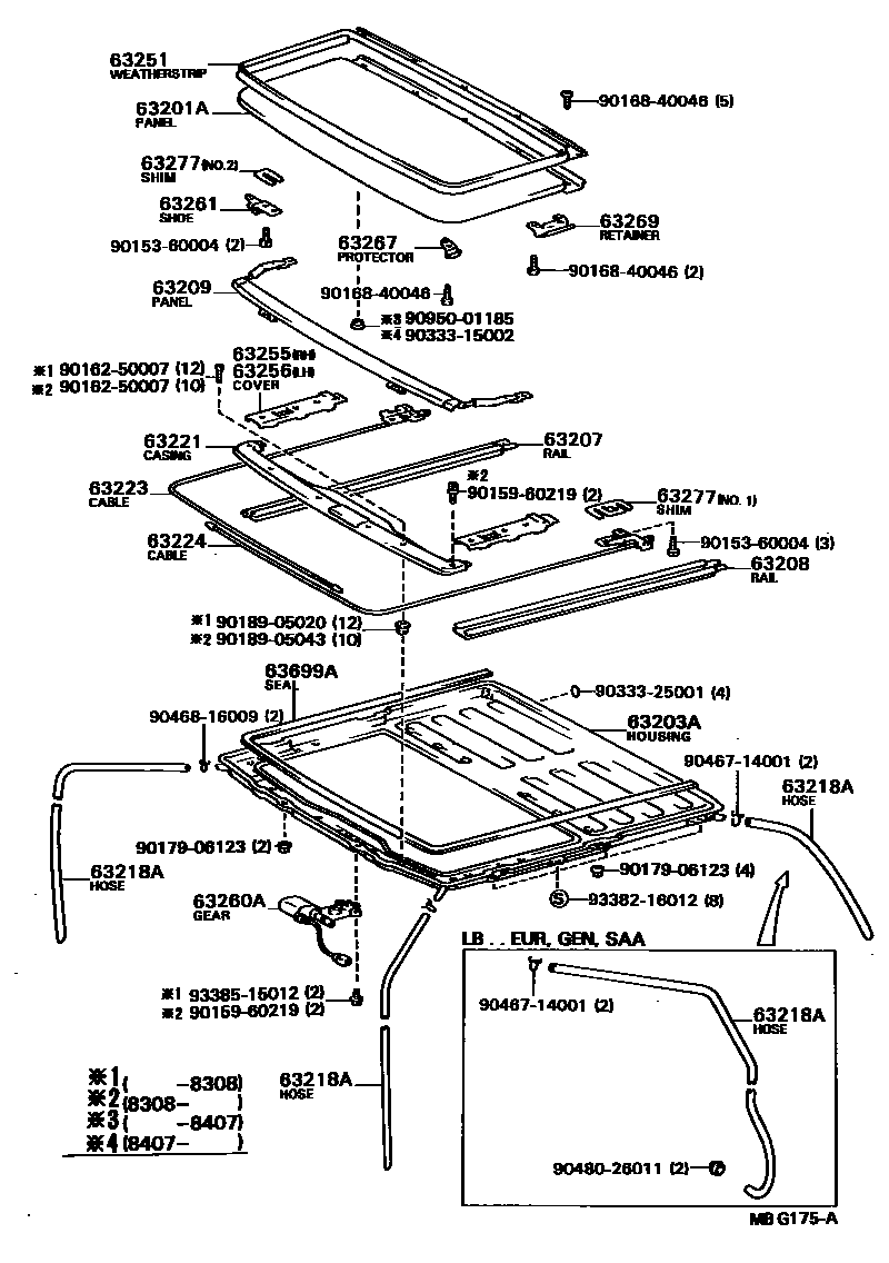 Toyota COROLLA 天窗板和背窗玻璃 EPC diagram — MBG175A