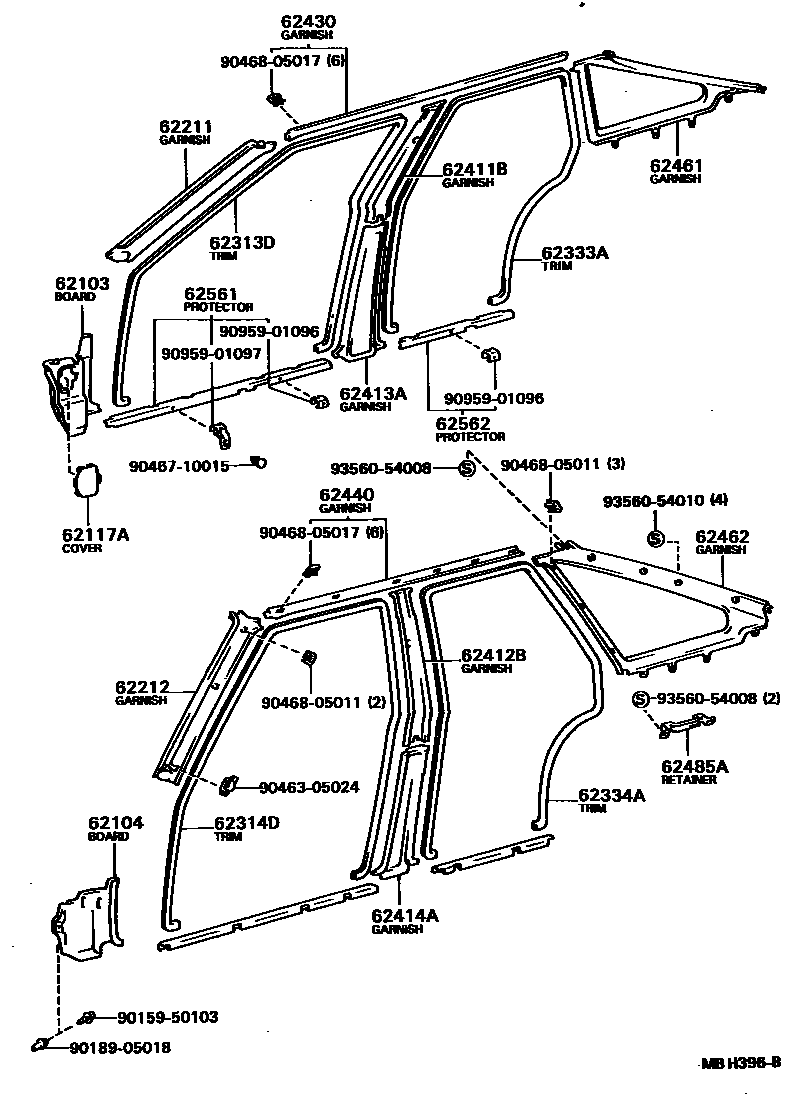 Toyota COROLLA 内饰板和车门防水胶条 EPC diagram — MBH396B