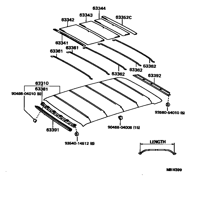 Toyota COROLLA 车顶内衬和消声垫 EPC diagram — MBH399