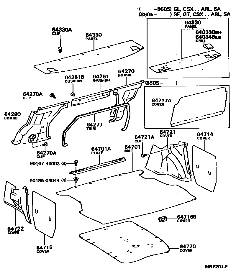 Toyota COROLLA 杂物箱板和行李箱垫 EPC diagram — MBF207F