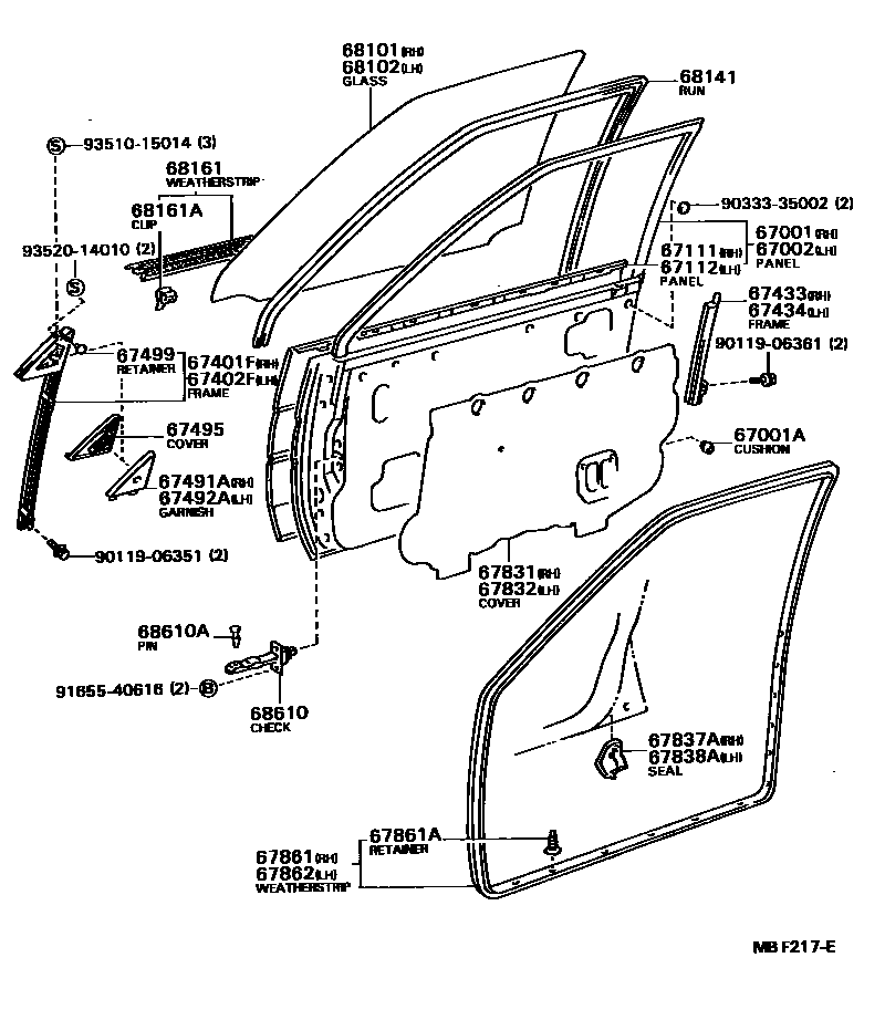 Toyota COROLLA 前门板和前门玻璃 EPC diagram — MBF217E
